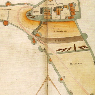Early plan showing the layout of Corfe Castle including external walls and inner buildings
